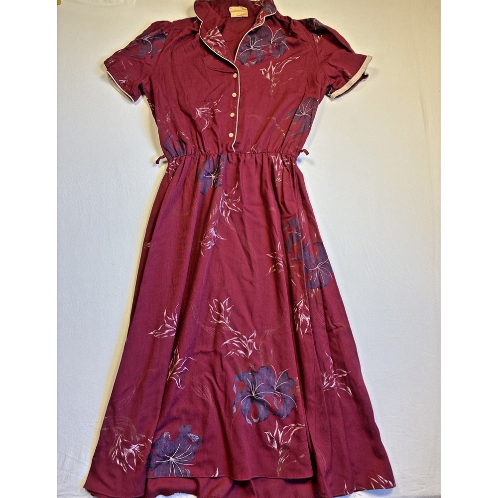 Vtg 80s Eber San Francisco Size S Midi Dress Floral Purple Collared Button Women